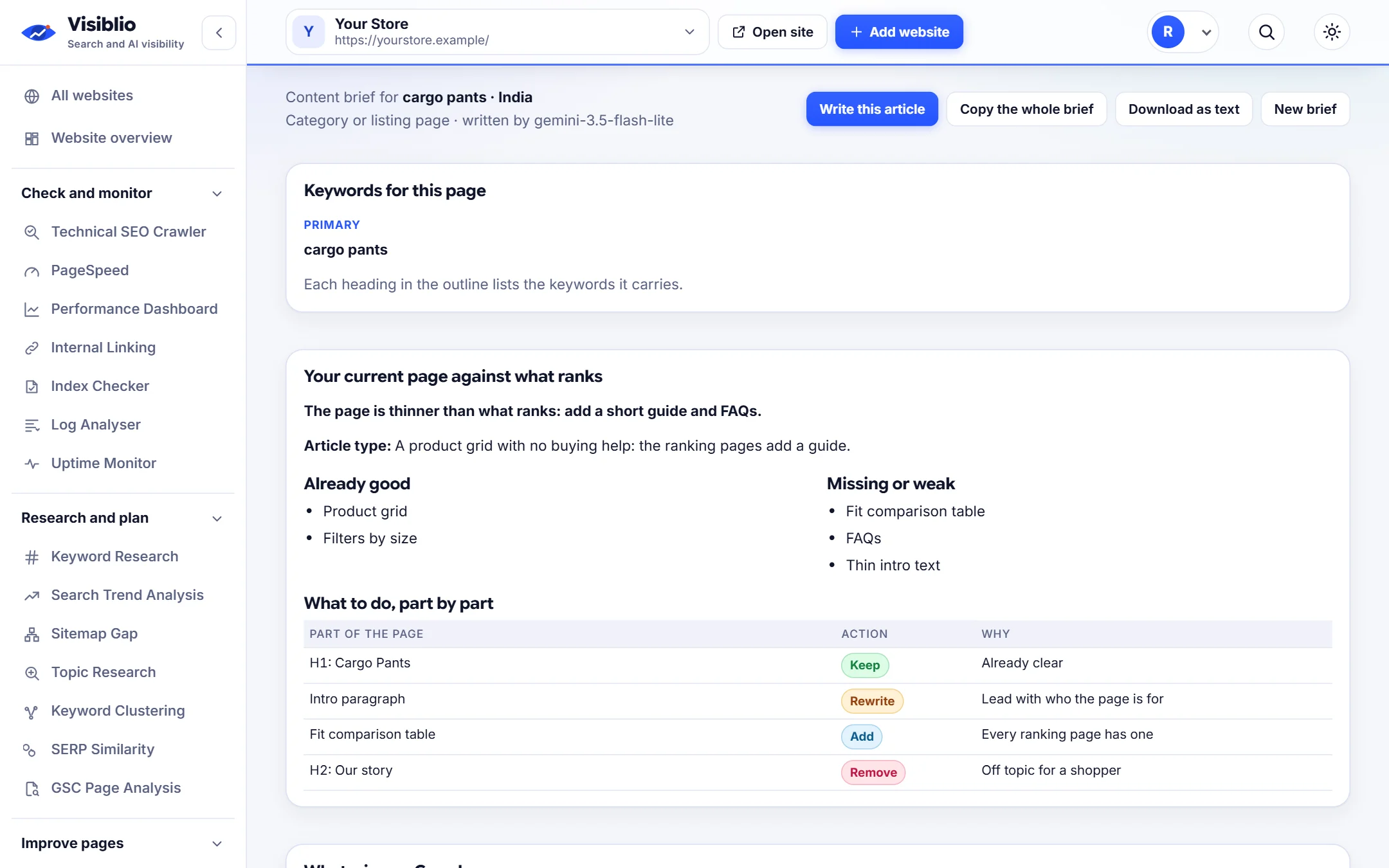 Content Brief in Visiblio: SEO content brief generator shown with sample data