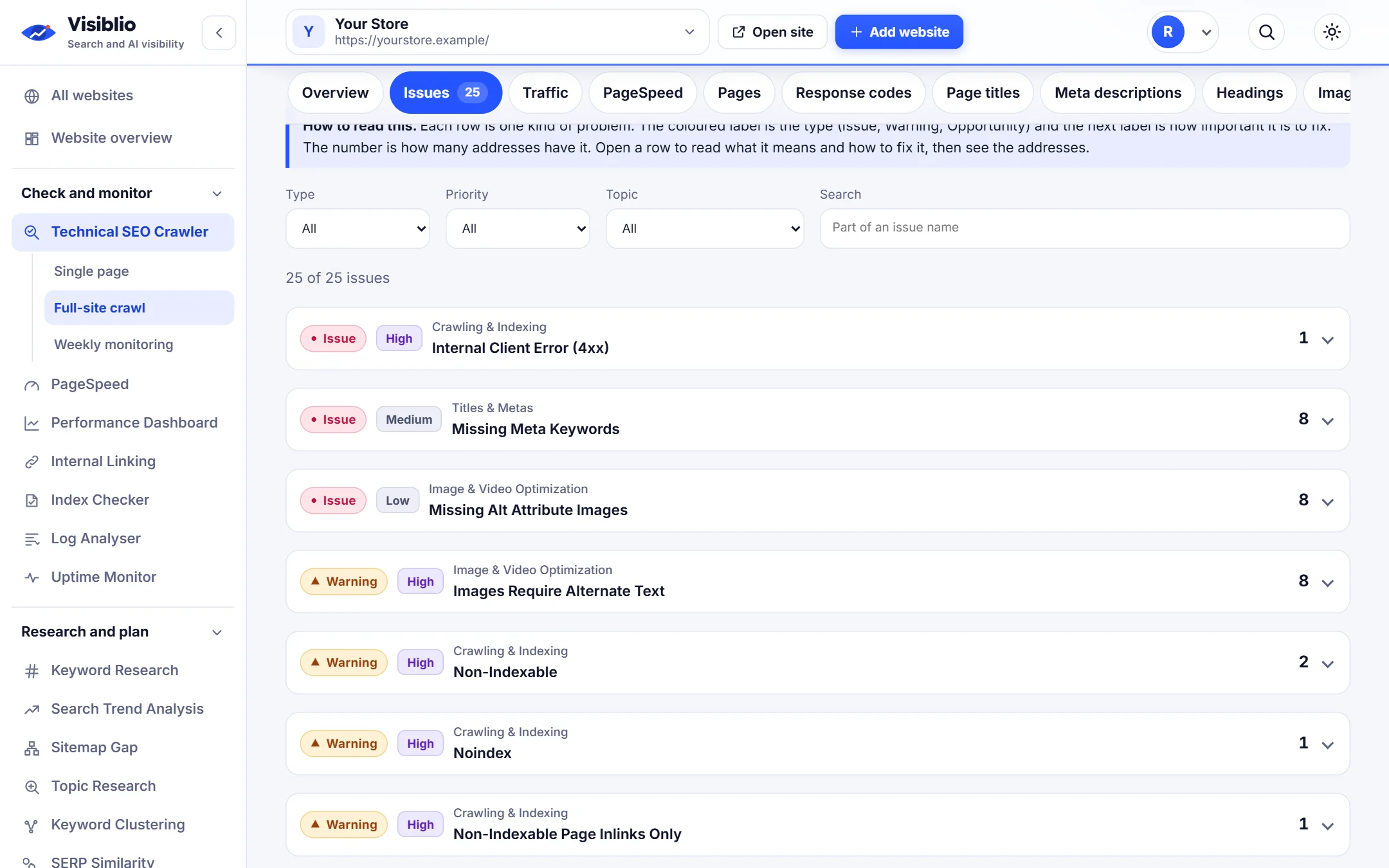 Technical SEO Crawler: Crawl up to 25,000 pages and see issues grouped by importance