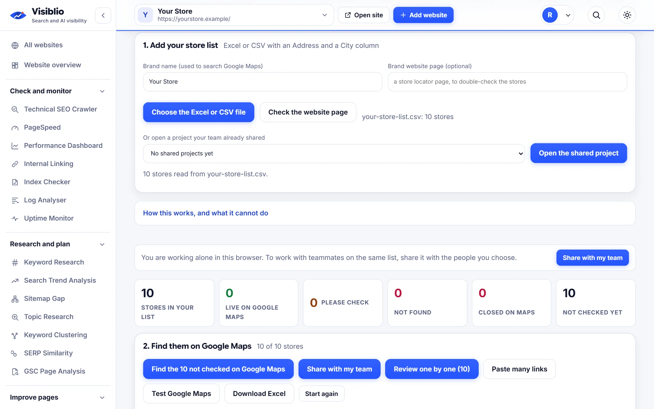 GBP Store Finder in Visiblio: Google Business Profile finder shown with sample data