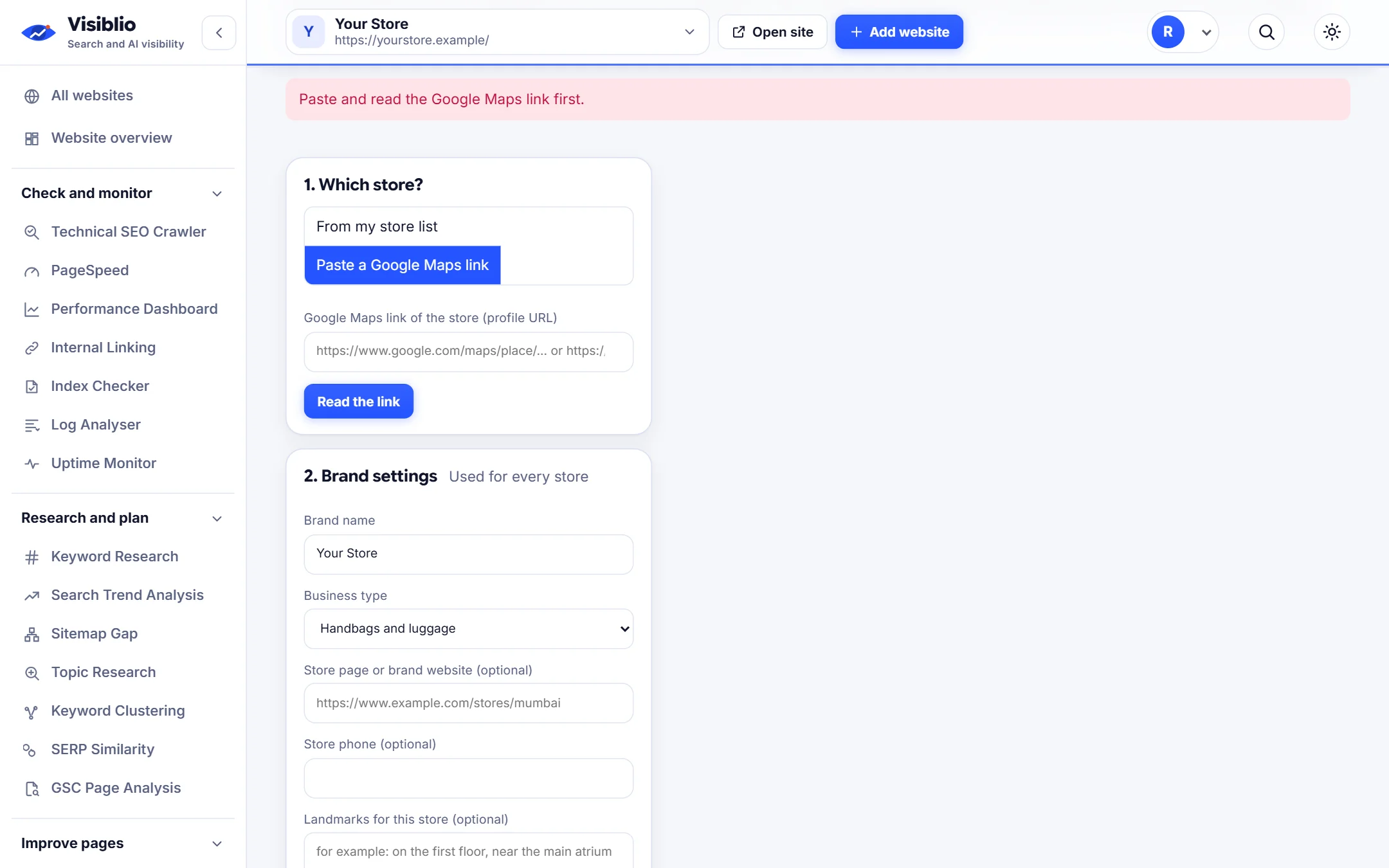 GBP Store Optimiser in Visiblio: Google Business Profile optimization shown with sample data