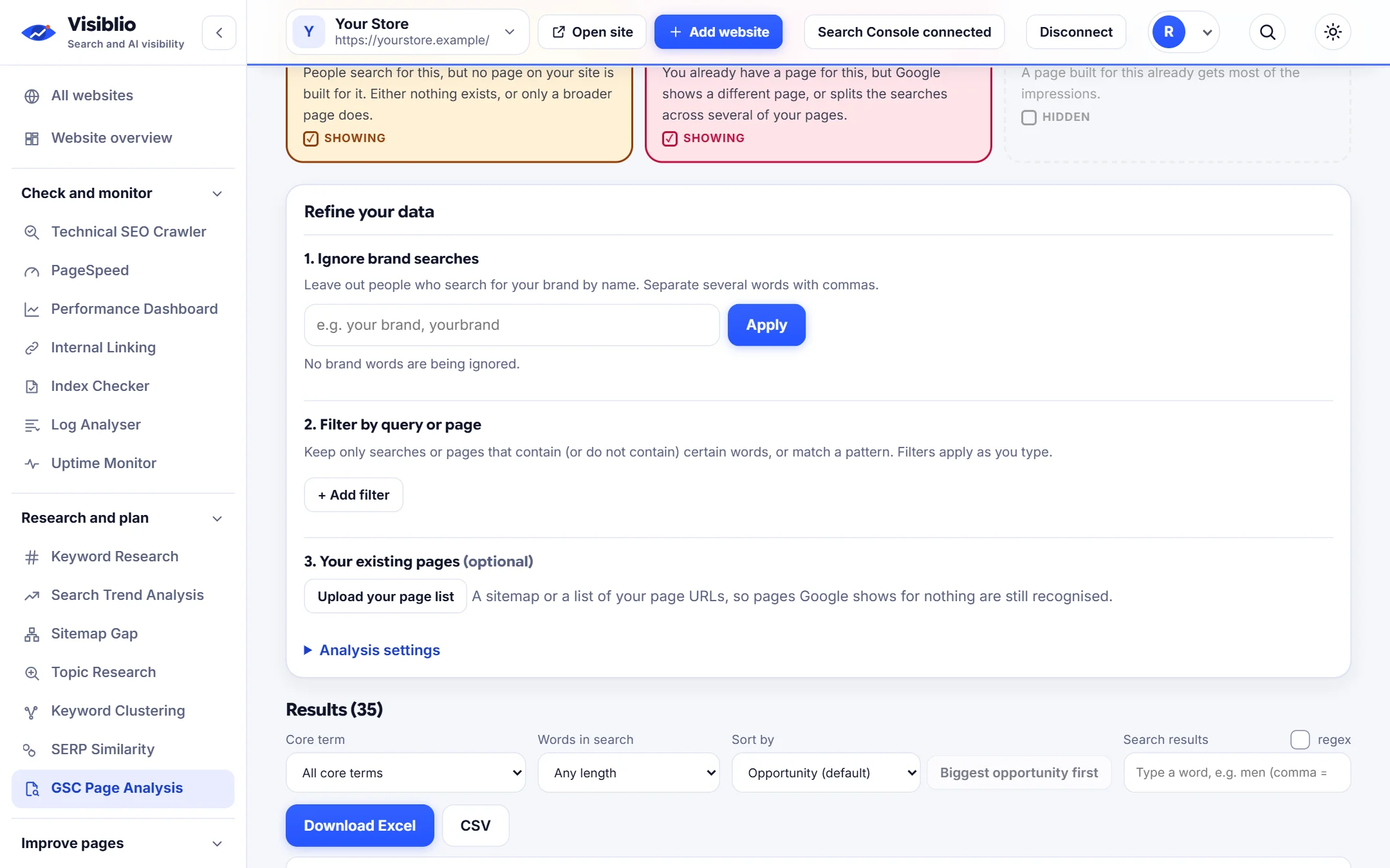 GSC Page Analysis in Visiblio: keyword cannibalization checker shown with sample data