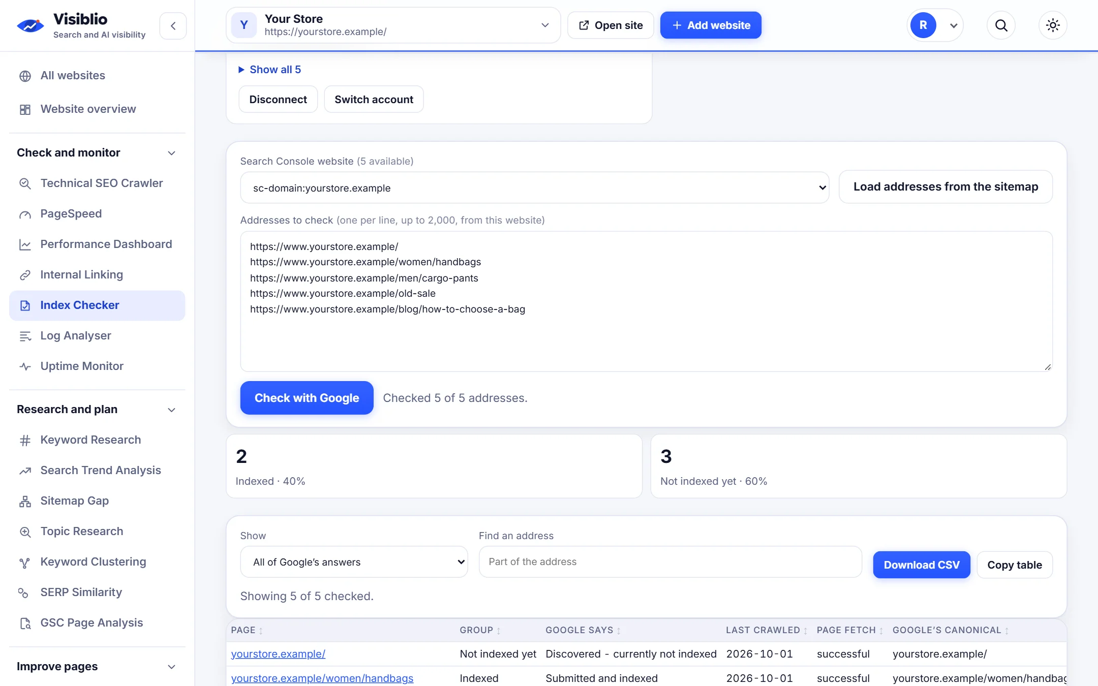 Index Checker in Visiblio: Google index checker shown with sample data