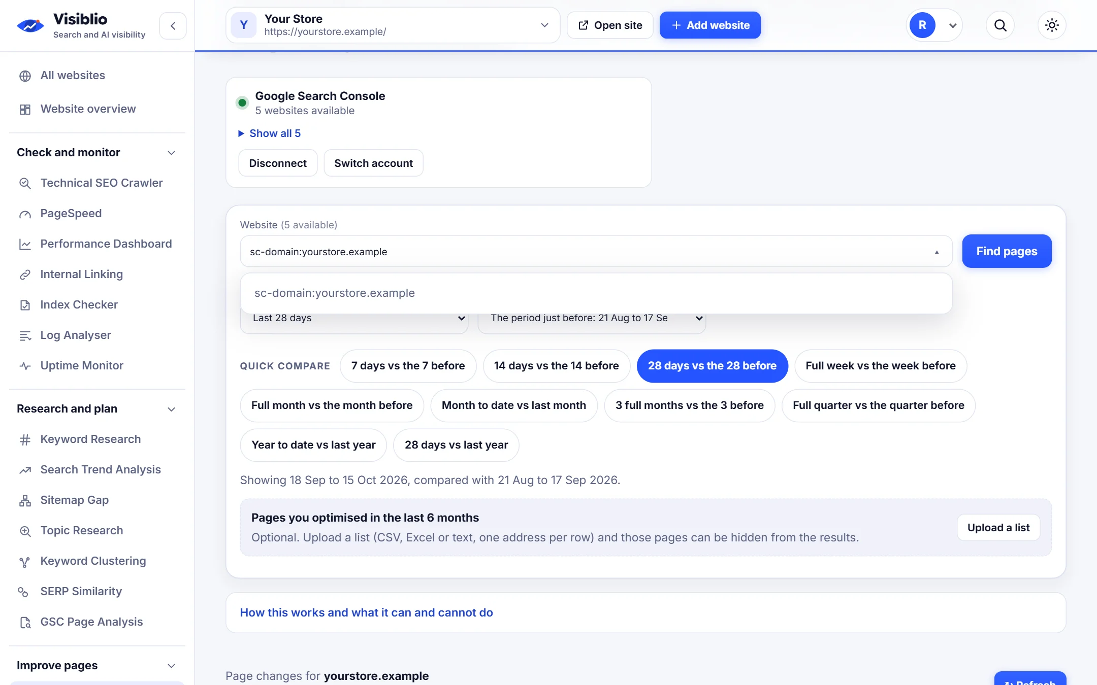 Page Optimizer in Visiblio: content refresh tool shown with sample data