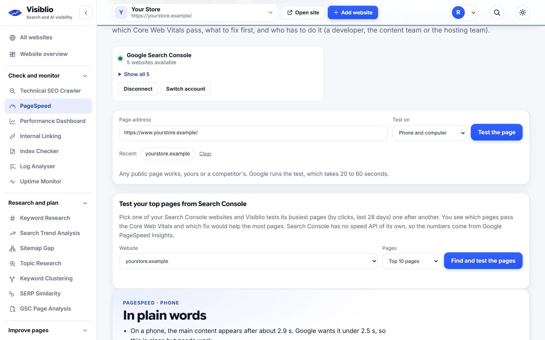 PageSpeed in Visiblio: page speed test shown with sample data