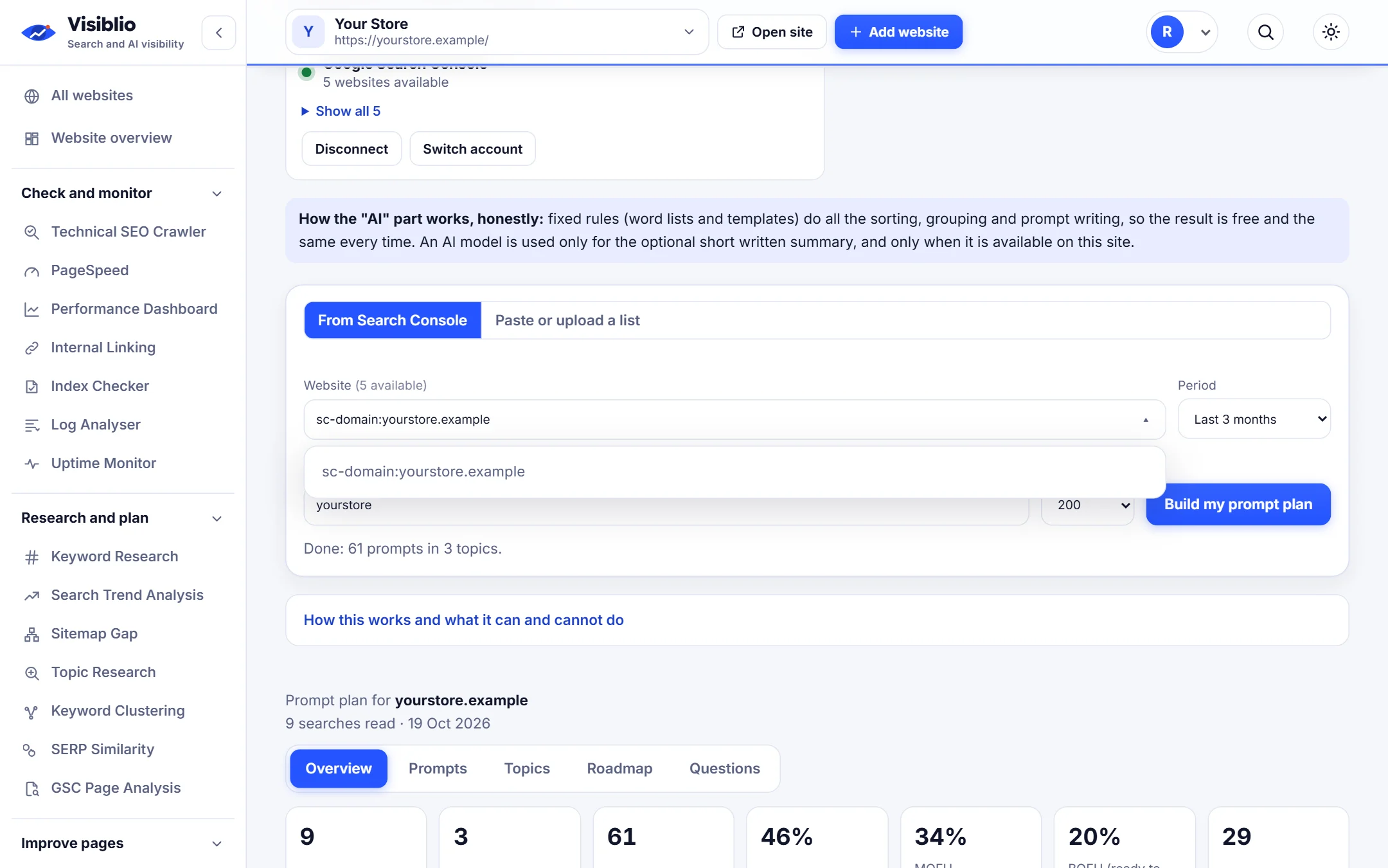 Prompt Planner in Visiblio: AI prompt research for SEO shown with sample data