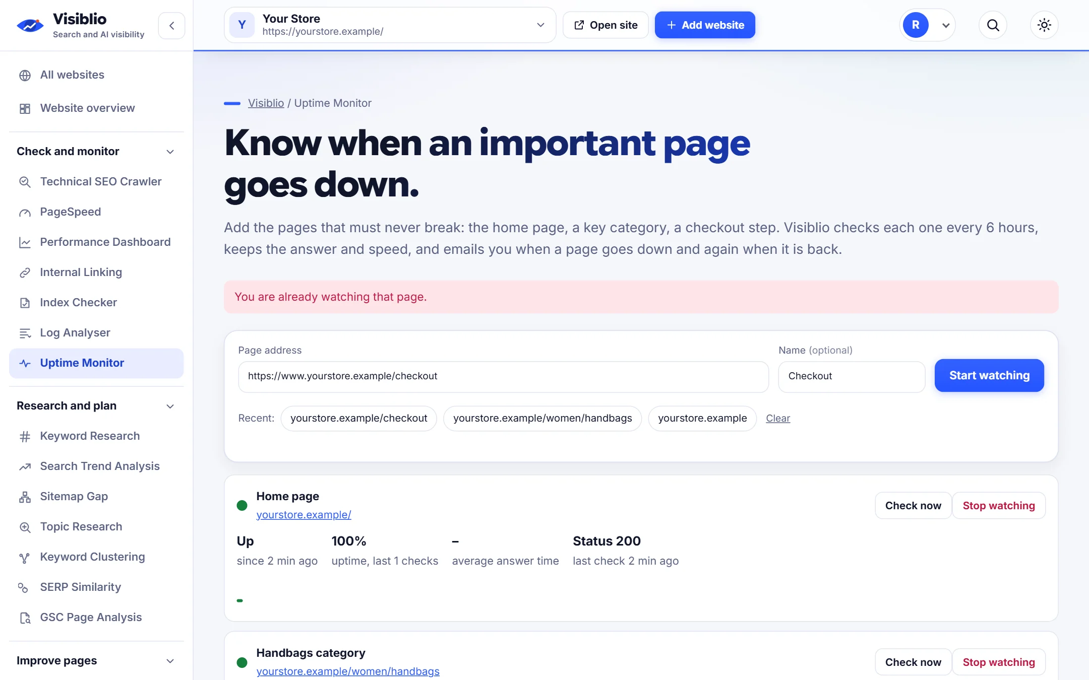 Uptime Monitor: Regular checks on the pages you add