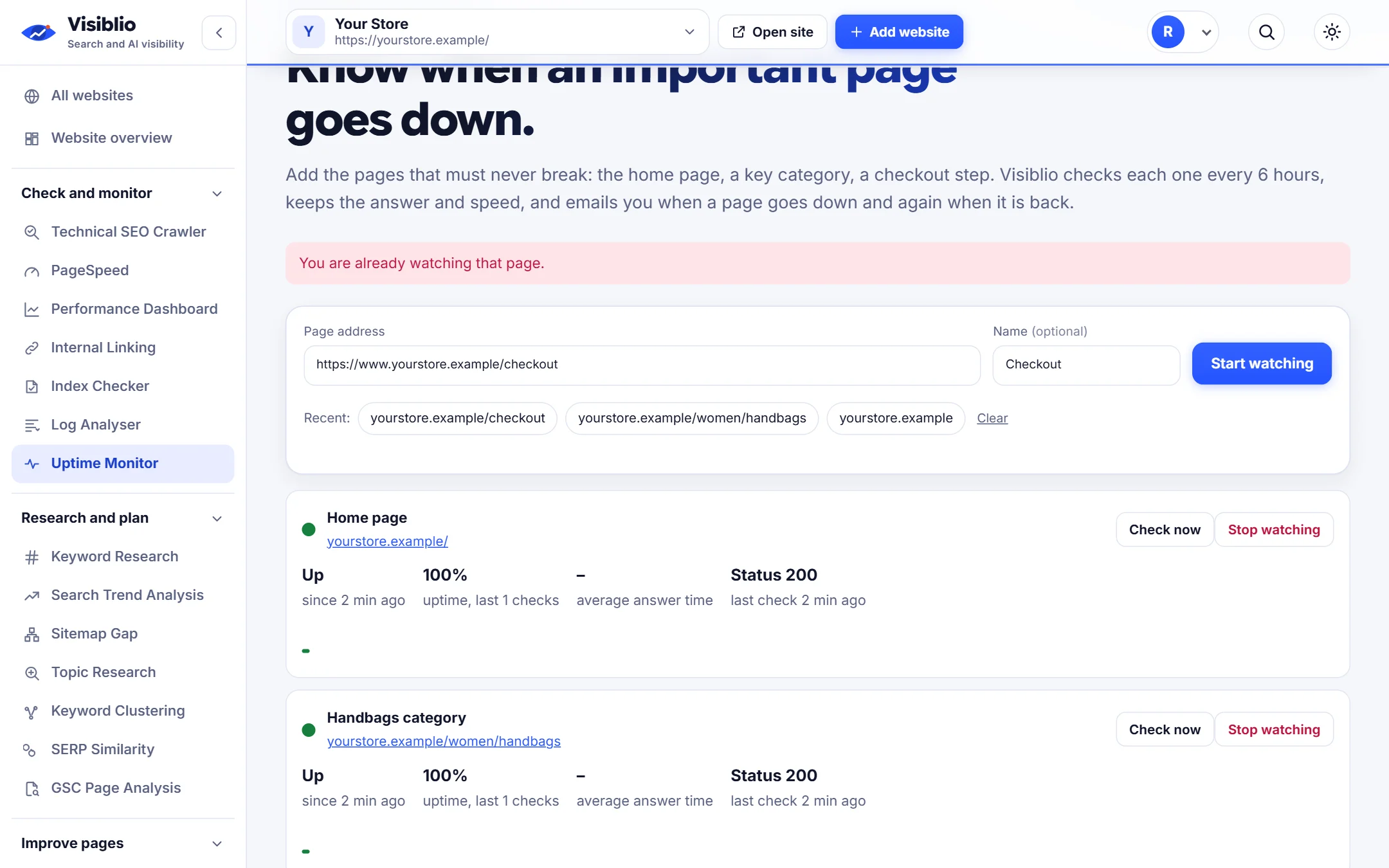 Uptime Monitor in Visiblio: website uptime monitor shown with sample data