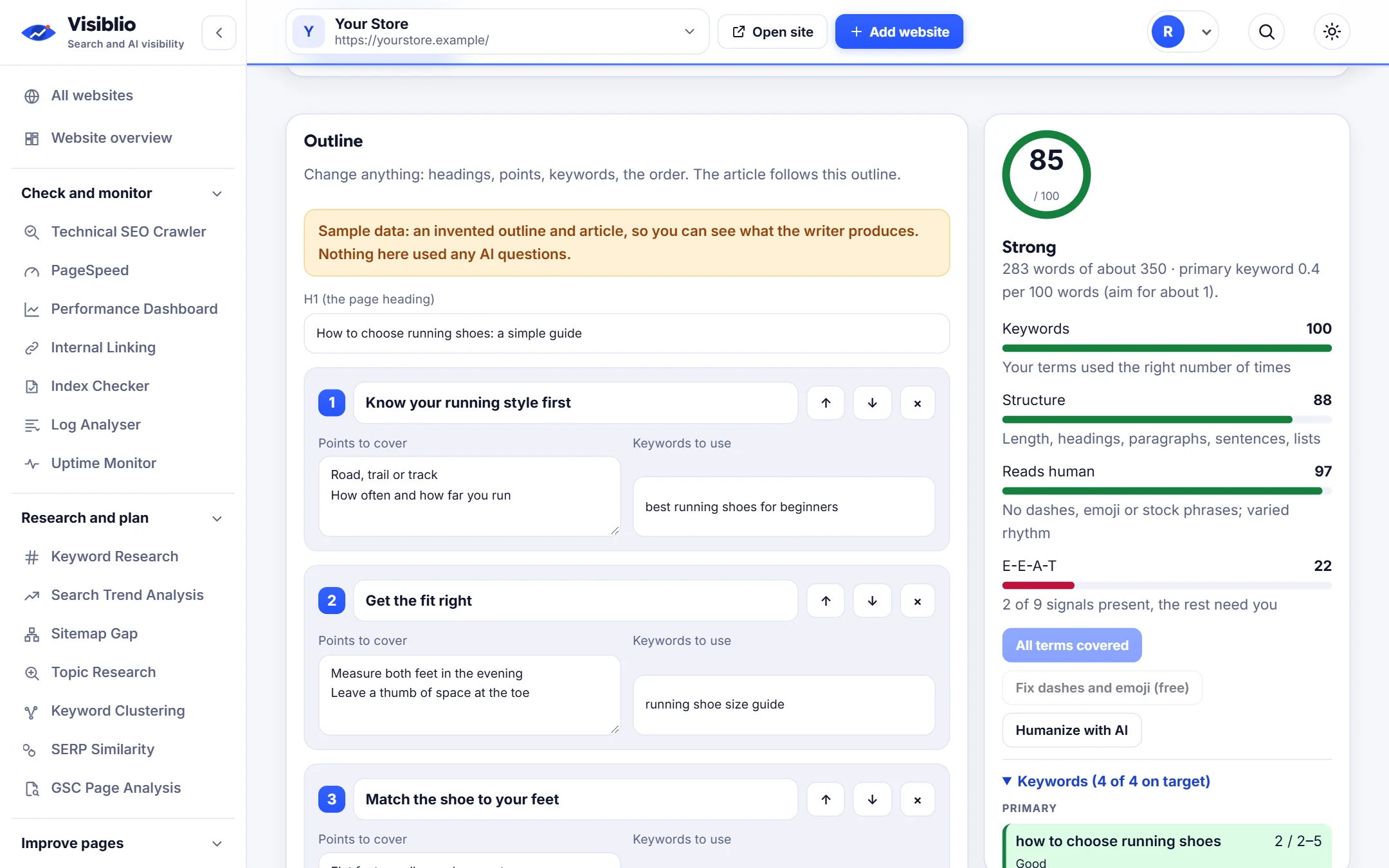 AI Writer in Visiblio: AI SEO content writer shown with sample data